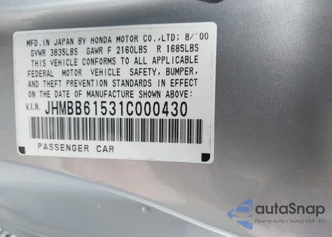 2001 Honda Prelude Type Sh z USA, uszkodzony, nr VIN JHMBB61531C000430